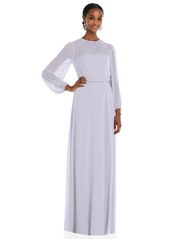 Maxi dress with flared skirt-Strapless Chiffon Maxi Dress with Puff Sleeve Blouson Overlay