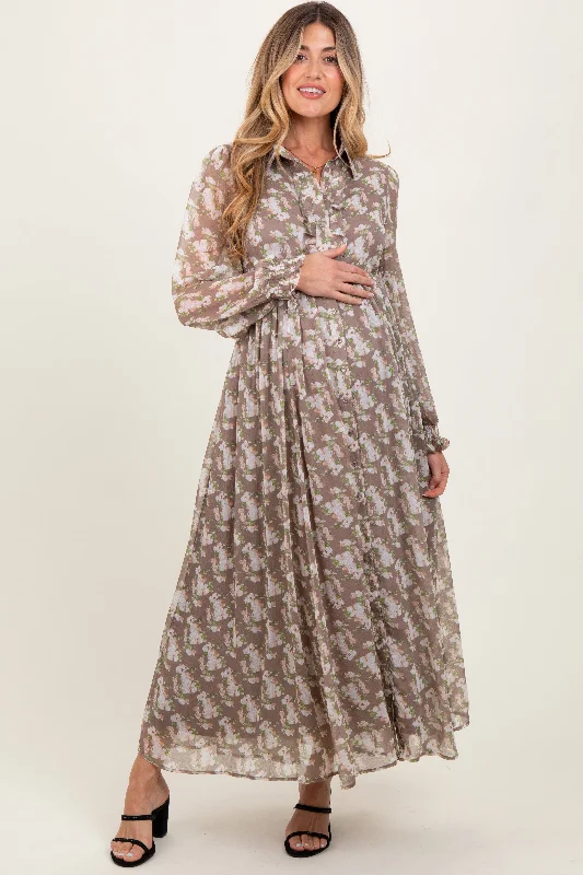 Sweetheart neckline maxi dress-Taupe Floral Chiffon Ruffle Accent Button Down Maternity Maxi Dress