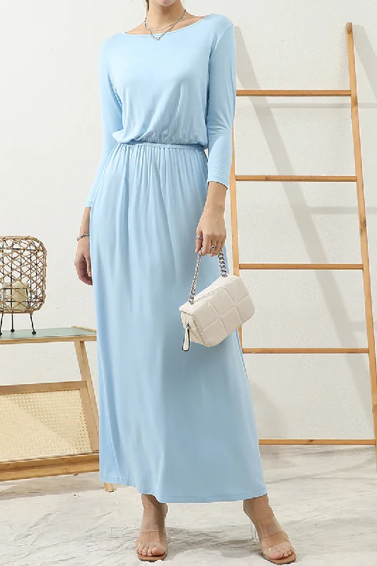 Summer maxi dress-ROUND NECK WAIST BANDED MAIX LONG SOLID DRESS