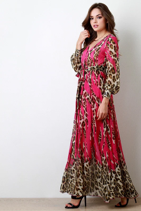 Tulle maxi dress-Slash Leopard Chiffon Longsleeve Maxi Dress