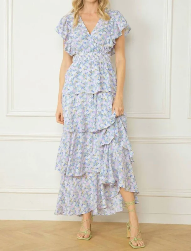 Embroidered maxi dress-V-Neck Tiered Maxi Dress In Blue Floral Print