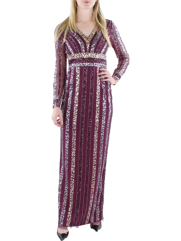 Maxi dress with statement sleeves-Womens Sequined Maxi Evening Dress