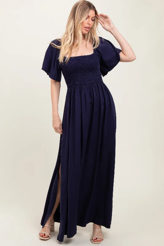 Maxi dress with puff sleeves-Navy Chambray Smocked Maxi Dress