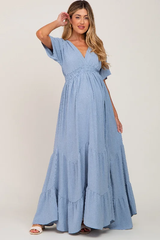 Floral maxi dress with smocking-Light Blue Deep V-Neck Maternity Maxi Dress