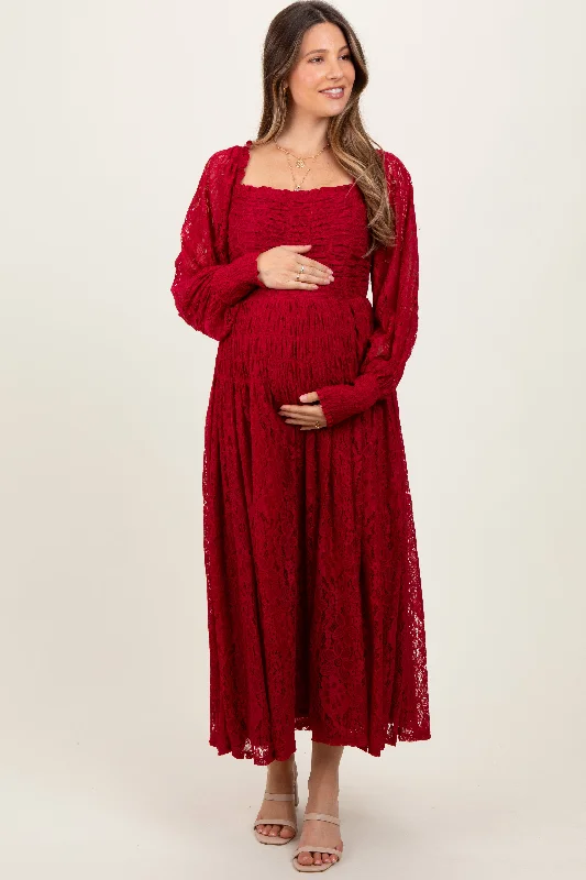 Casual beach maxi dress-Burgundy Lace Smocked Bubble Sleeve Maternity Maxi Dress