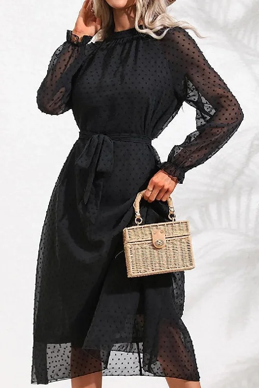 Tie-waist maxi dress-TIED WAIST LONG RUFFLED SLEEVE DOT MESH DRESS