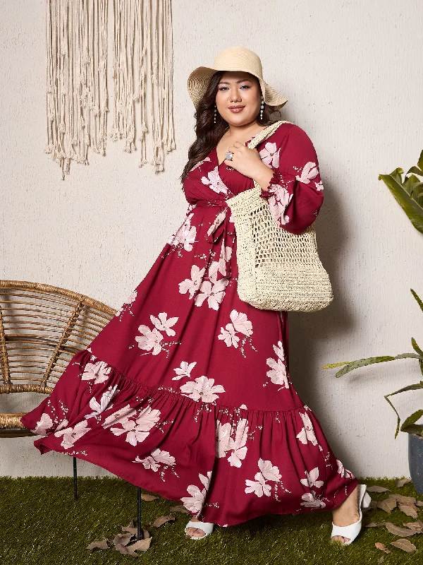 Maxi dress with tiered layers-Berrylush Curve Women Maroon & Pink Floral Printed V-Neck Bishop Sleeves Waist Tie-Up Wrap Pleated Maxi Dress