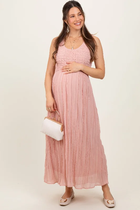 Chic maxi dress for events-Light Pink Textured Smocked Bodice Sleeveless Maternity Maxi Dress