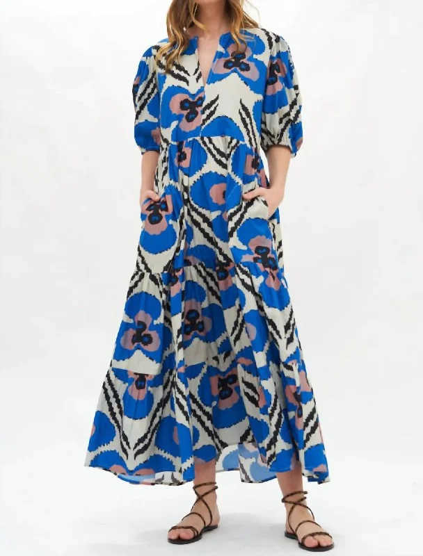 Maxi dress with side slits-Puff Sleeve Maxi Dress In Patola/cobalt