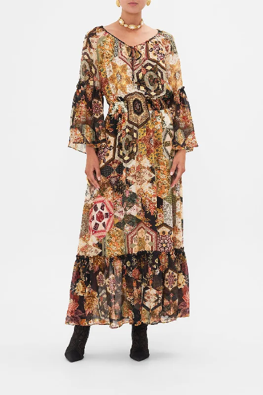 Maxi dress with high-low hem-LONG DRESS WITH GATHERED BELL SLEEVE STITCHED IN TIME