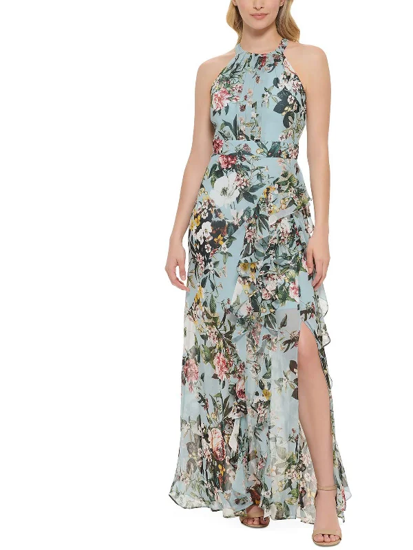 Tulle maxi dress-Womens Floral Halter Maxi Dress