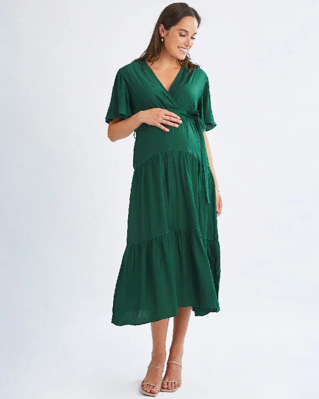 Button-front maxi dress-Cara Emerald Green Maternity Maxi Dress