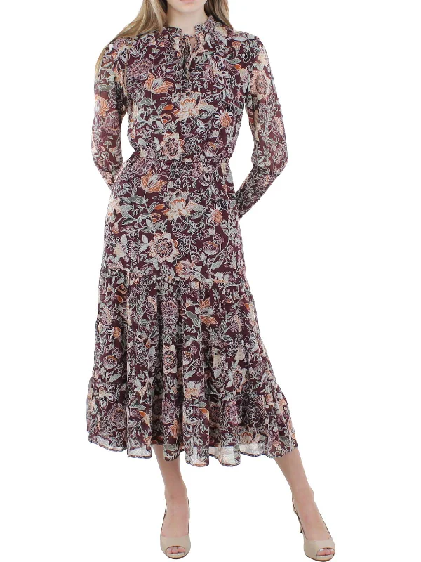 Elastic waist midi dress-Womens Floral Smocked Midi Dress