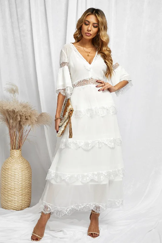 Maxi dress with floral applique-V-Neck Spliced Lace Maxi Dress