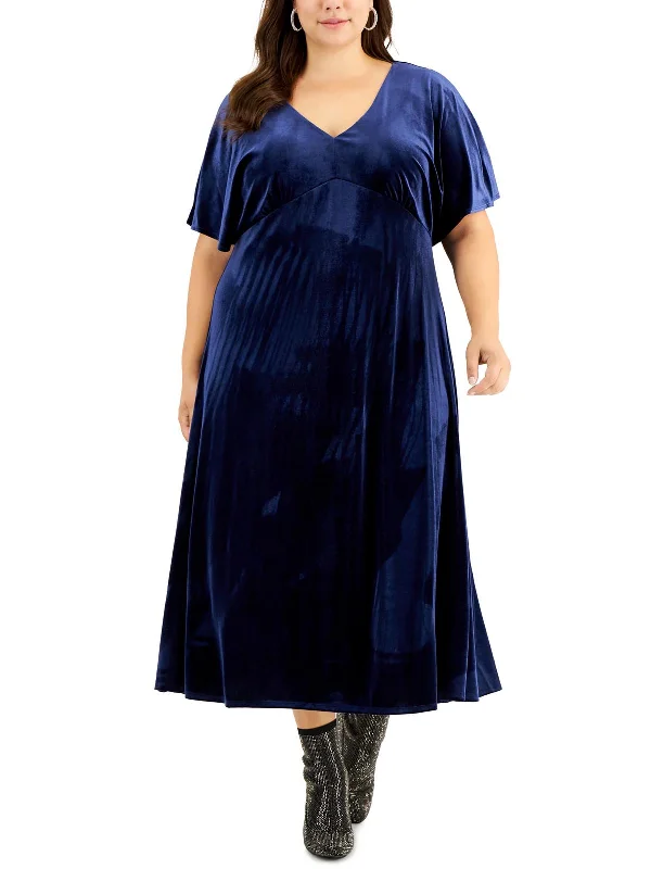 Pleated maxi dress-Plus Womens Velvet Long Maxi Dress