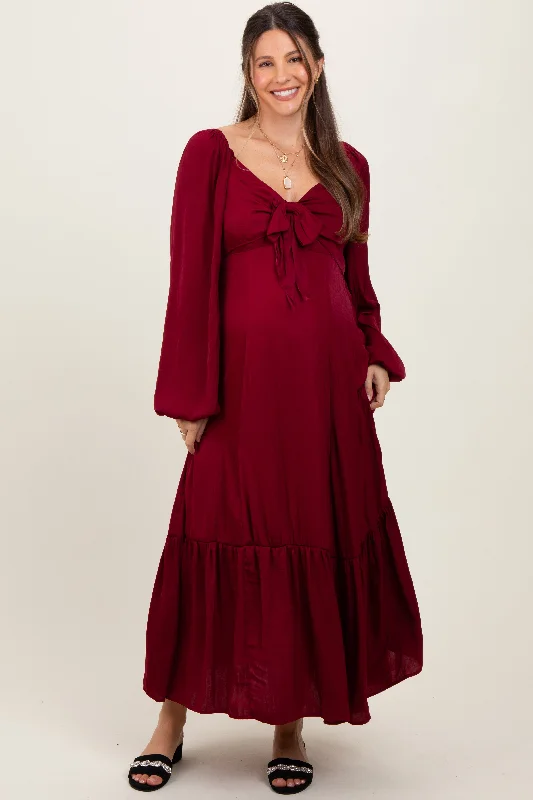 Strapless maxi dress-Burgundy Bow Satin Maternity Maxi Dress