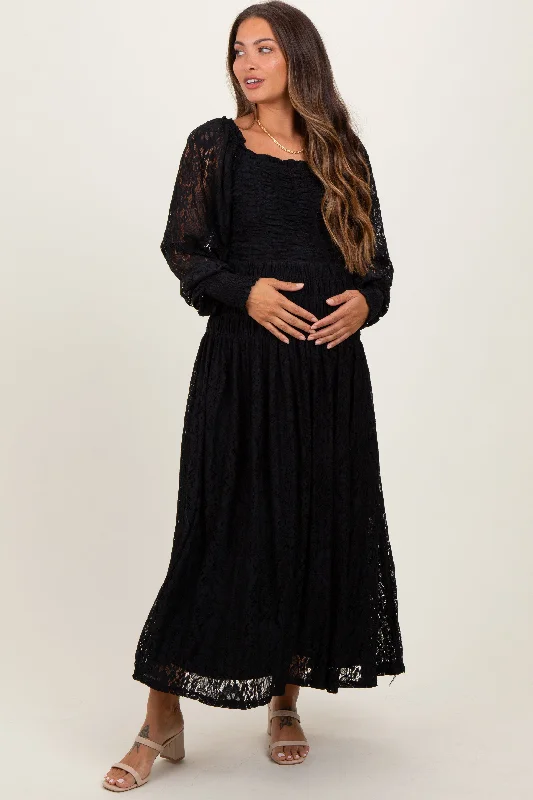 Maxi dress with lace overlay-Black Lace Smocked Bubble Sleeve Maternity Maxi Dress