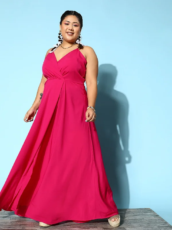 Ruffle maxi dress-Berrylush Women Plus Size Solid Pink V-Neck Sleeveless Crepe Thigh-High Slit Fit & Flare Wrap Maxi Dress