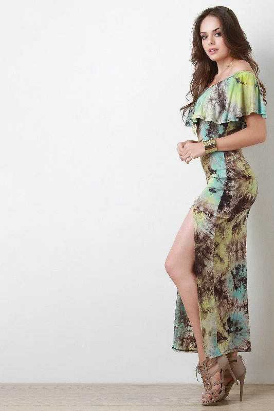 Maxi dress with embroidered bodice-Multi Color Tie Dye Flutter Bardot Maxi Dress