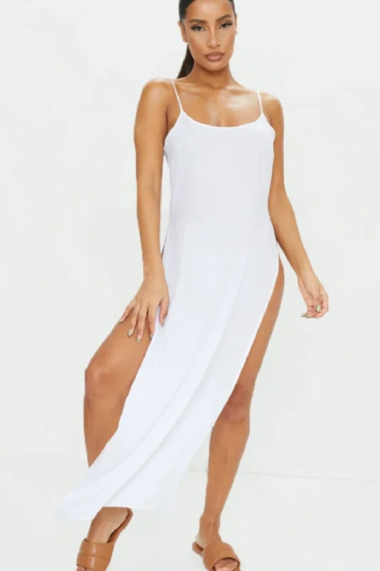 Backless maxi dress-Long Side Slit White Dress