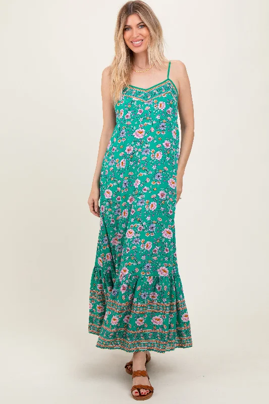 Maxi dress with empire waist-Green Floral Tie Back Maxi Dress