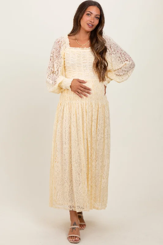 Maxi dress with metallic sheen-Cream Lace Smocked Bubble Sleeve Maternity Maxi Dress