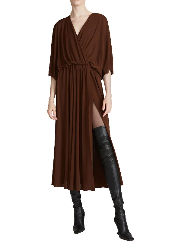 Satin midi dress-Womens Poncho Sleeve Long Midi Dress