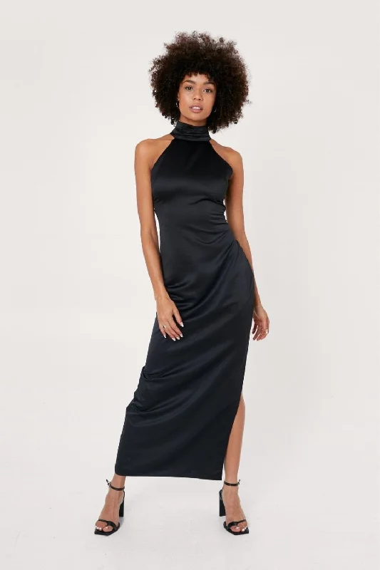 Casual T-shirt maxi dress-Satin Halterneck Column Maxi Dress