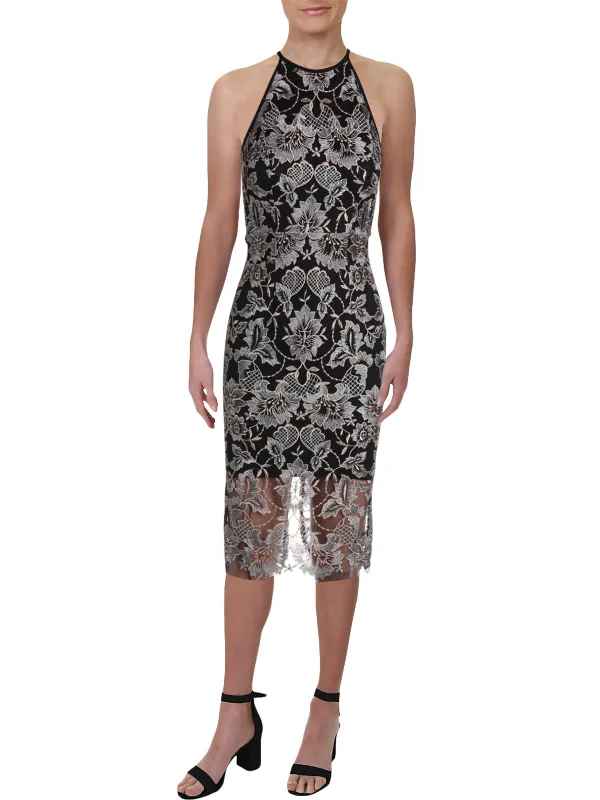 Sheer panel midi dress-Womens Lace Midi Cocktail Dress