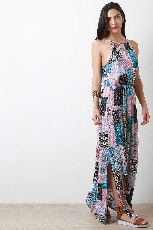 Boho maxi dress-Patchwork Printed Sleeveless Maxi Dress