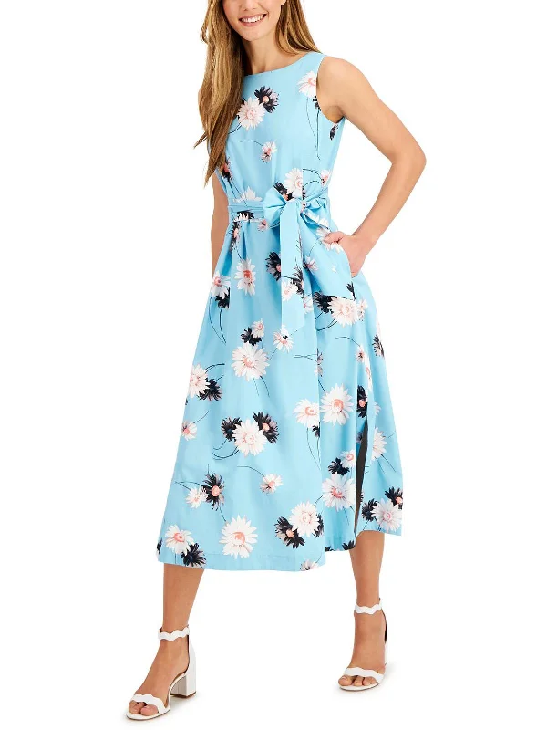 Retro style midi dress-Womens Printed Tie Sash Midi Dress