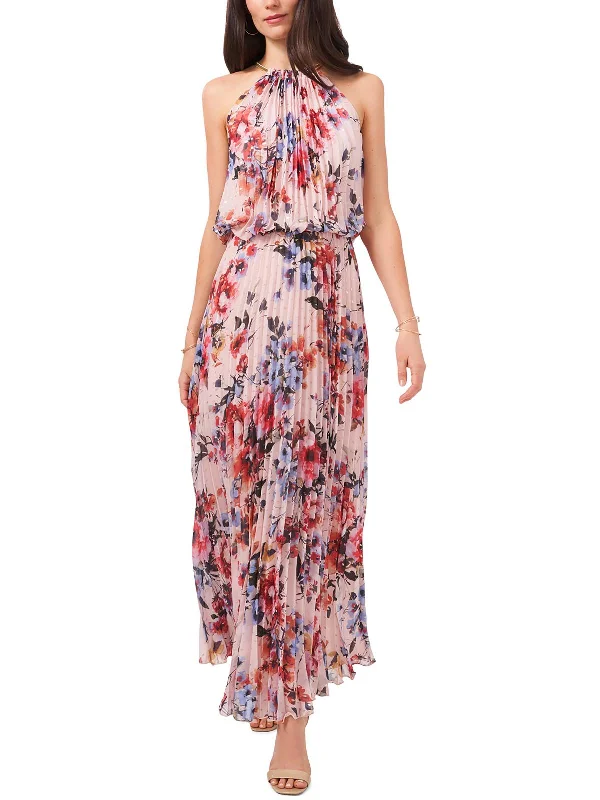 Maxi dress with wrap design-Womens Floral Print Maxi Halter Dress