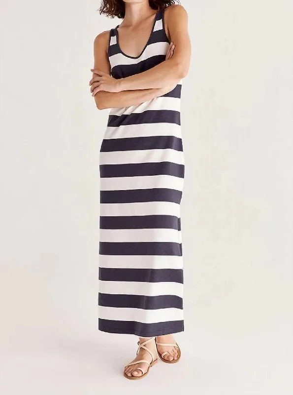 Elegant formal maxi dress-Mallory Stripe Maxi Dress in Navy/White