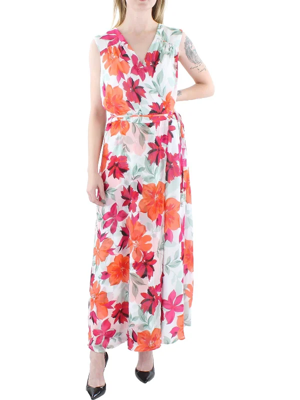 Maxi dress with pleated skirt-Plus Womens Chiffon Surplice Maxi Dress