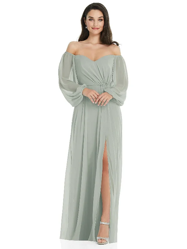 Maxi dress with floral motifs-Off-the-Shoulder Puff Sleeve Maxi Dress with Front Slit