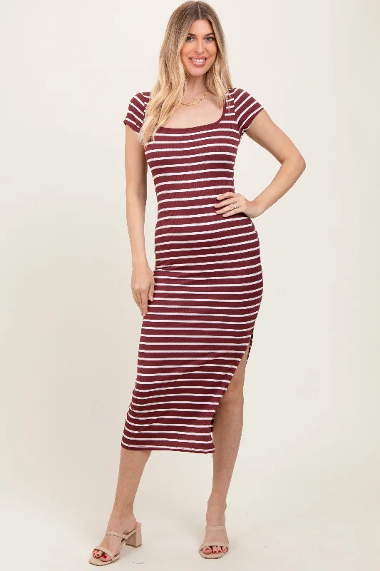 Animal print maxi dress-Burgundy Striped Short Sleeve Side Slit Maxi Dress