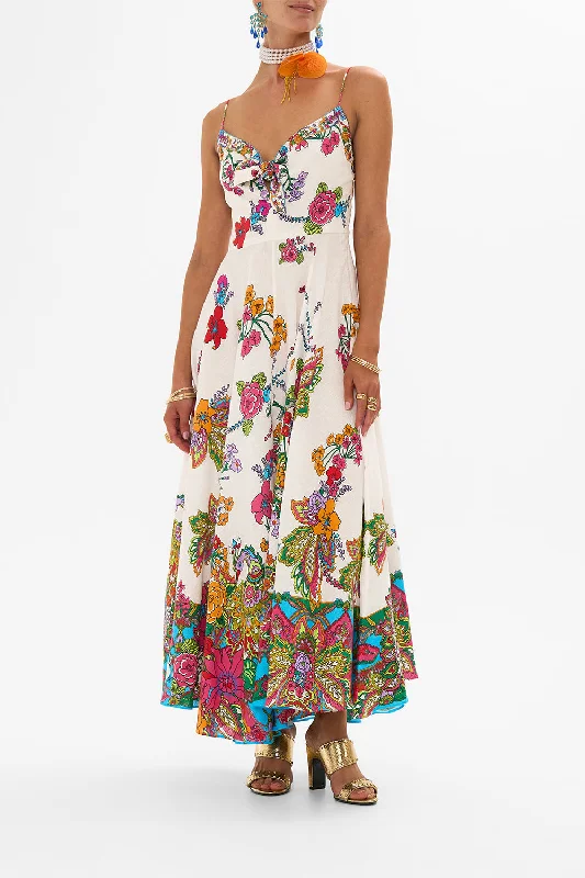 Peasant style maxi dress-LONG DRESS WITH TIE FRONT COSMIC PRAIRIE