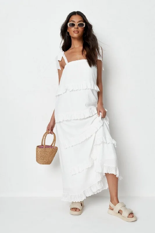 Fit and flare maxi dress-White cami ruffled tiered maxi dress