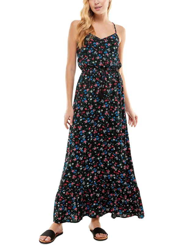 Maxi dress with a slit-Juniors Womens Floral Criss Cross Maxi Dress