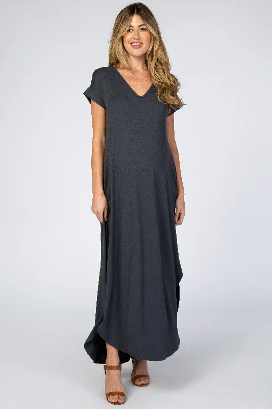 Maxi dress with bubble hem-Charcoal Side Slit Maternity Maxi Dress