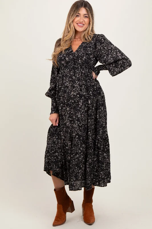 Maxi dress with batwing sleeves-Black Floral Button Maternity Maxi Dress