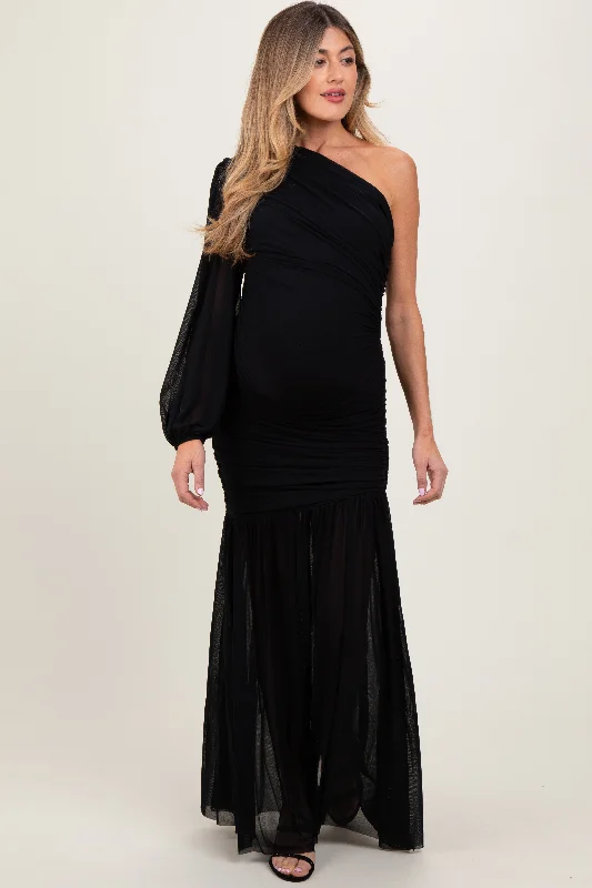 Maxi dress with boho prints-Black Ruched Mesh One Shoulder Asymmetric Maternity Maxi Dress