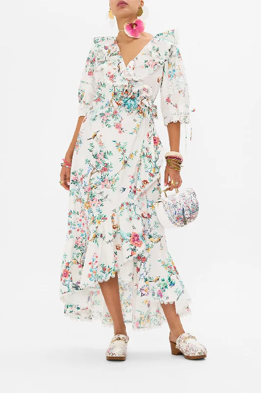 Maxi dress with statement sleeves-MAXI WRAP DRESS WITH PUFF SLEEVE PLUMES AND PARTERRES