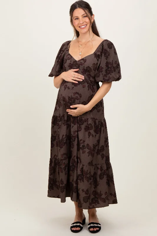 Bell sleeve maxi dress-Taupe Floral Bubble Sleeve Tiered Maternity Maxi Dress