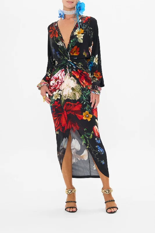 Maxi dress with tulip hem-LONG SPLIT FRONT TWIST DRESS A STILL LIFE