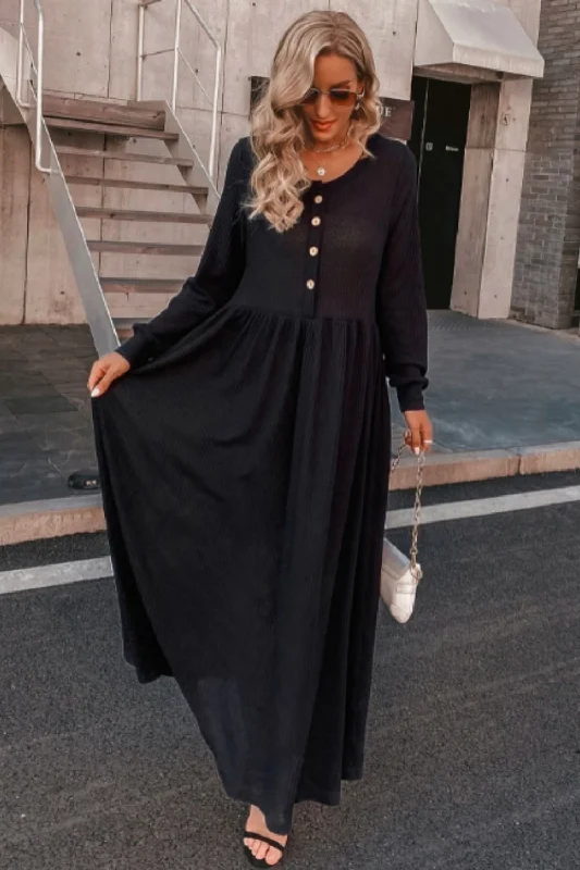 Maxi dress with high neckline-Half Button Maxi Dress