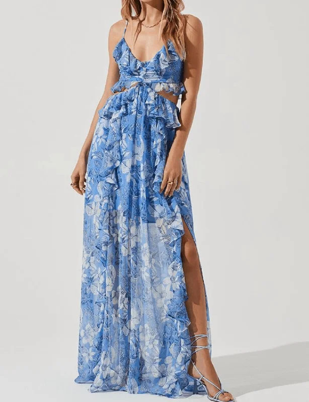 Peasant style maxi dress-Palace Cut Out Floral Maxi Dress In Blue/white