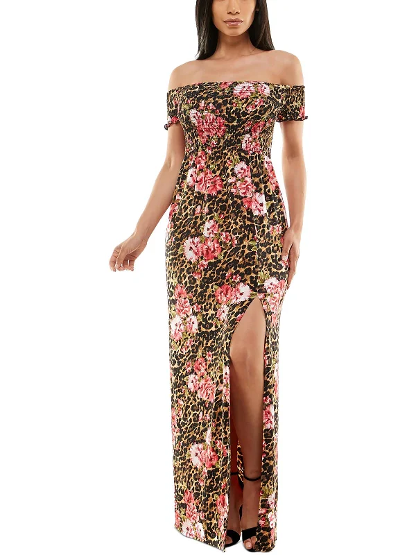 Floral embroidered maxi dress-Womens Knit Smocked Maxi Dress