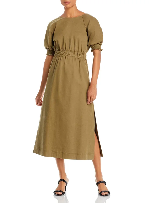 Frilly detail midi dress-Womens Twill Puff Sleeve Midi Dress