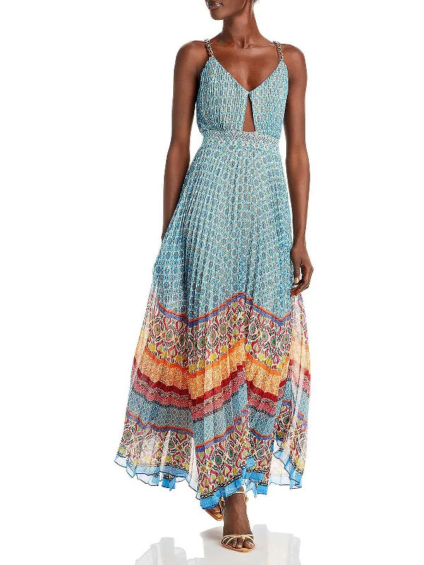 Maxi dress with crochet overlay-Womens Pleated Long Maxi Dress